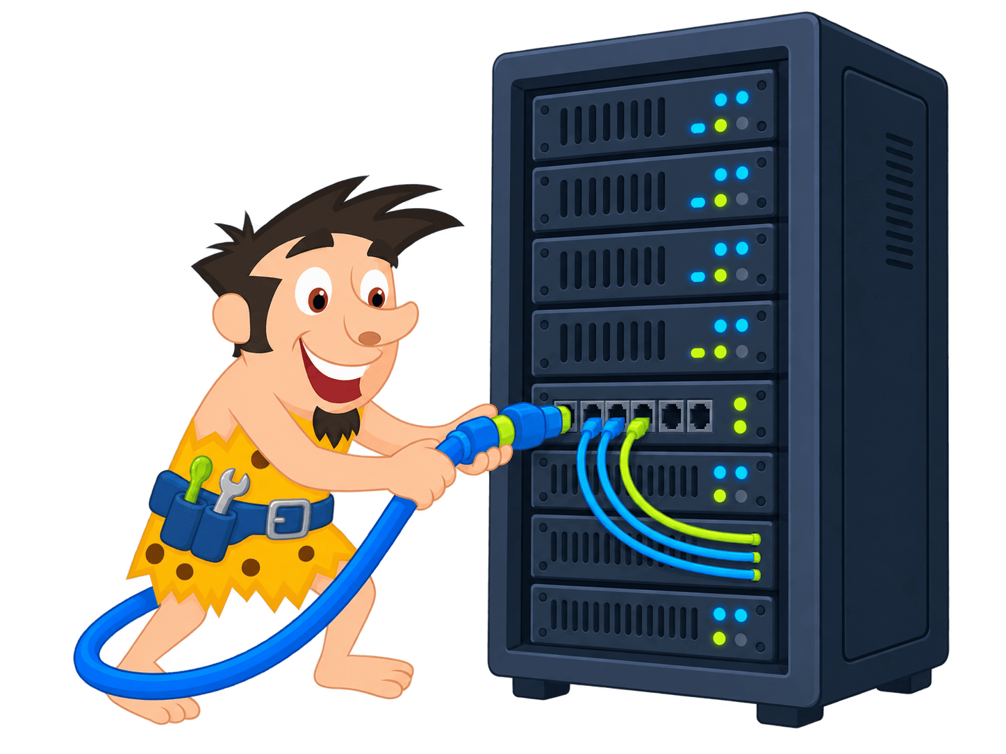 Dom, the Domain Hunter Gatherer character, connecting a web-hosting server rack.