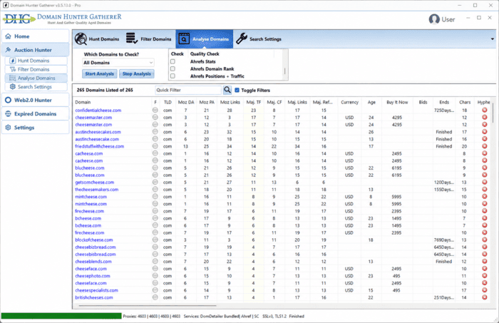 The Domain Hunter Gatherer v3 Domain Auction Hunter comparison table.