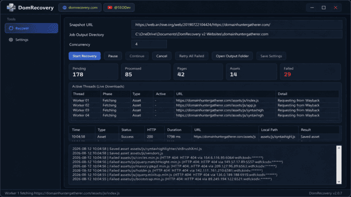 The DomRecovery 2026 workspace showing an archive recovery job in progress.