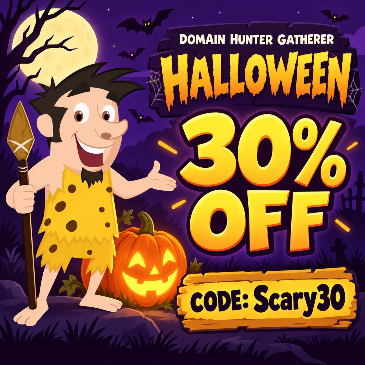 Dom the caveman beside a glowing Halloween pumpkin: 30% off Domain Hunter Gatherer with code Scary30.